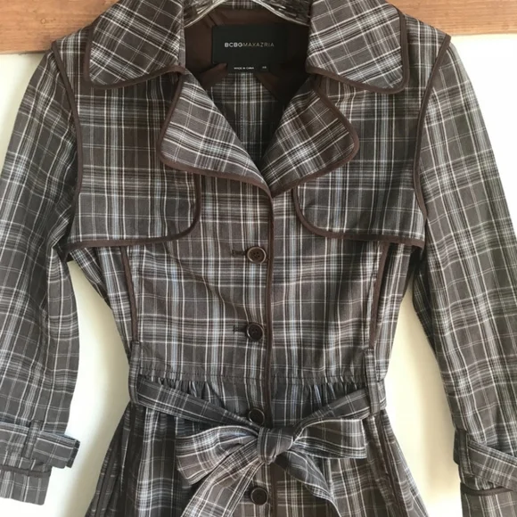 Retro Mod Plaid Belted Trench Coat - BCBGMAXAZRIA